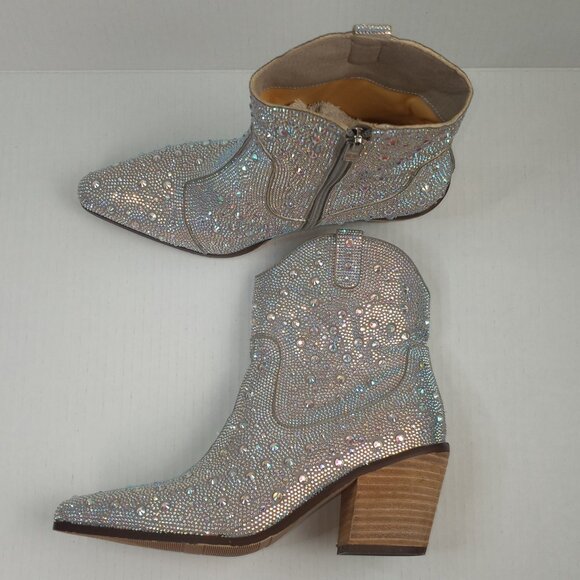 NWOT Bieoshli Silver Rhinestone Western Cowboy Ankle Boots - Picture 3 of 7